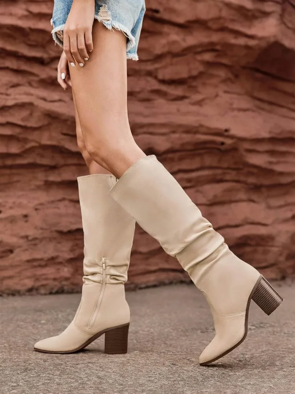Women's Light Beige Pointed Toe Mid Chunky Heel Side Zipper Over The Knee Boots